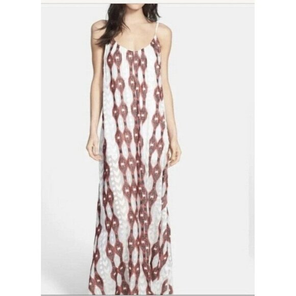 Line & Dot Embroidered Silk Chiffon Maxi Dress SZ M - Picture 1 of 8